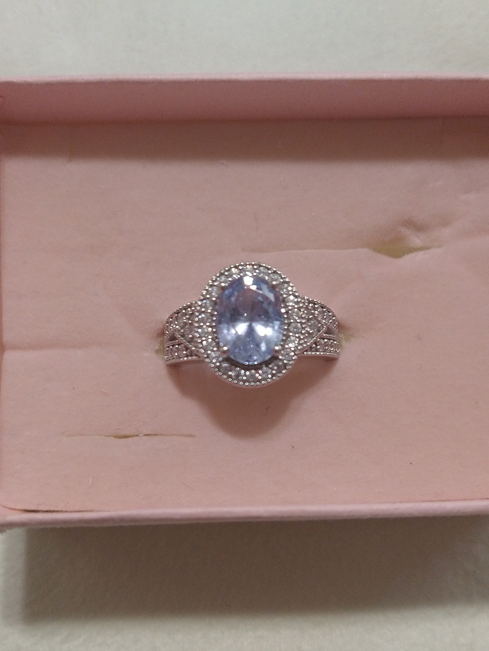 Princess Cinderella Sterling Silver Halo Oval Light Blue CZ Ring Size 6